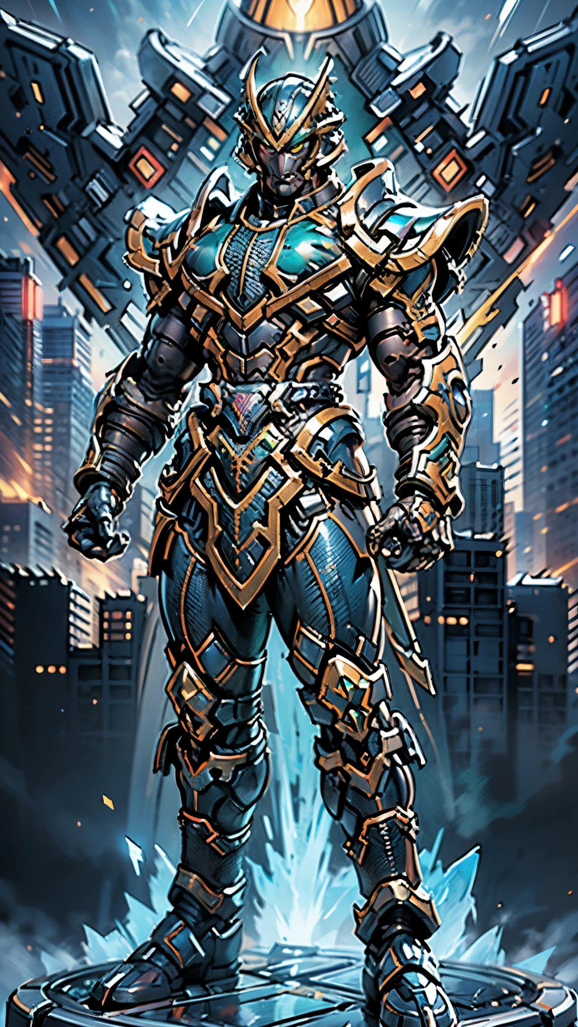 A man wearing a full-face helmet, a fantasy-style biotech armored combat suit, green eyes, (a composite layered chest armor), fully enclosed shoulder guards, matching arm and leg guards, the belt is adorned with Falcon Wing, (the color scheme is primarily white with red and blue accents), the design balances heavy with agility, a high-tech bio-mecha armor, (Armor Concept Inspired by Falcon, stand on the top of a skyscraper in a futuristic sci-fi city), this character embodies a finely crafted fantasy-surreal style armored hero in anime style, exquisite and mature manga art style, (battle damage, element, plasma, energy, the armor glows), ((male:1.5)), metallic, real texture material, dramatic, high definition, best quality, highres, ultra-detailed, ultra-fine painting, extremely delicate, professional, perfect body proportions, golden ratio, anatomically correct, symmetrical face, extremely detailed eyes and face, high quality eyes, creativity, RAW photo, UHD, 32k, Natural light, cinematic lighting, masterpiece-anatomy-perfect, masterpiece:1.5