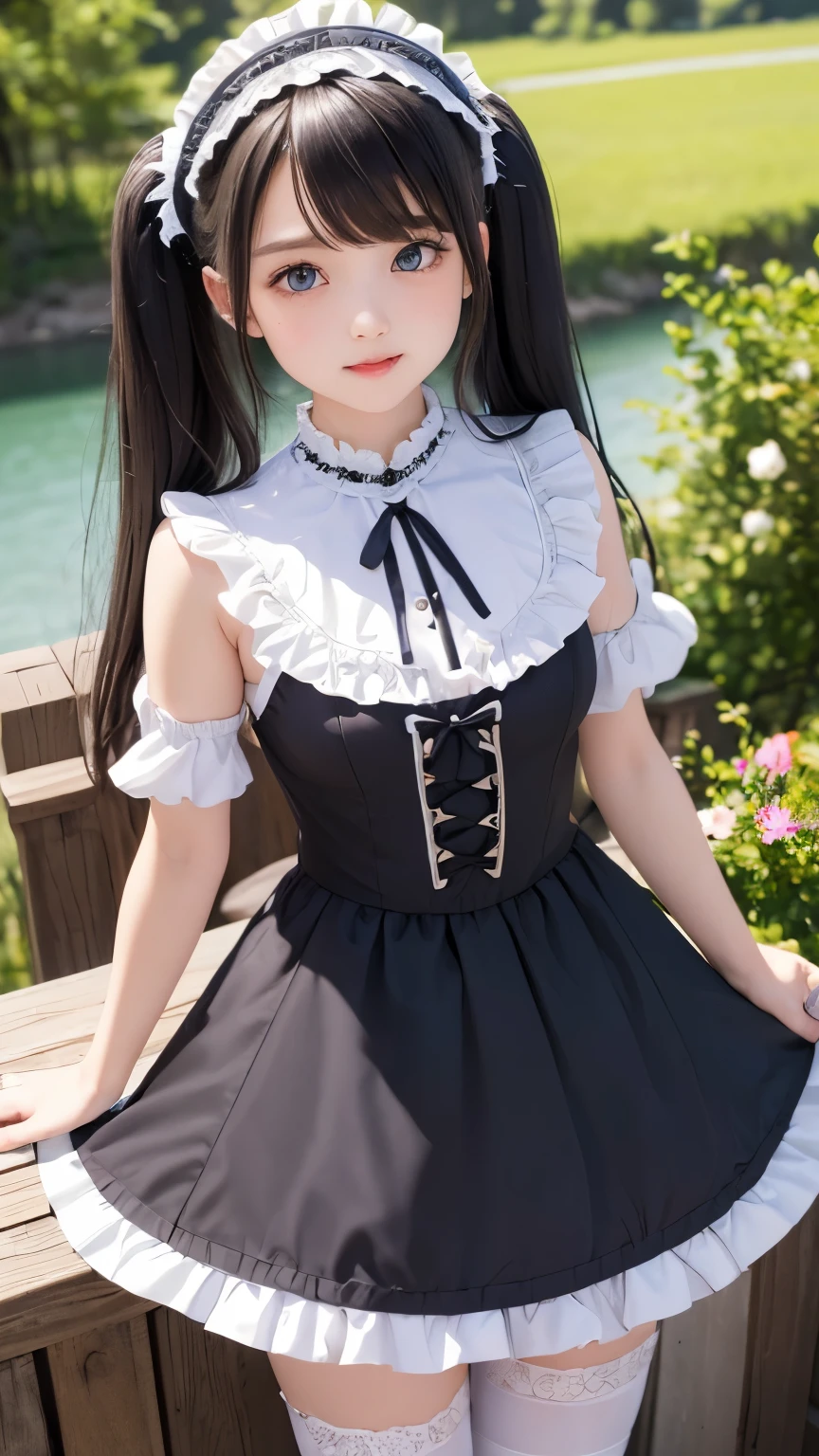 ((masterpiece)), ((highest quality、Ultra high definition)), (Very detailed),8K、Photo quality、((Amazingly cute girl)), -yeld gi Two people, , (Beautiful emerald blue eyes), ((smile)),In the open-air bath overlooking the sea, Beautifully arranged black hair in twin tails、whole body、(Super high-end white see-through summer gothic lolita maid costume、A super mini skirt with lots of frills)、Professional Lighting、(White lace knee-highore detailed and beautiful)、(More details and cutenesore realistic)、