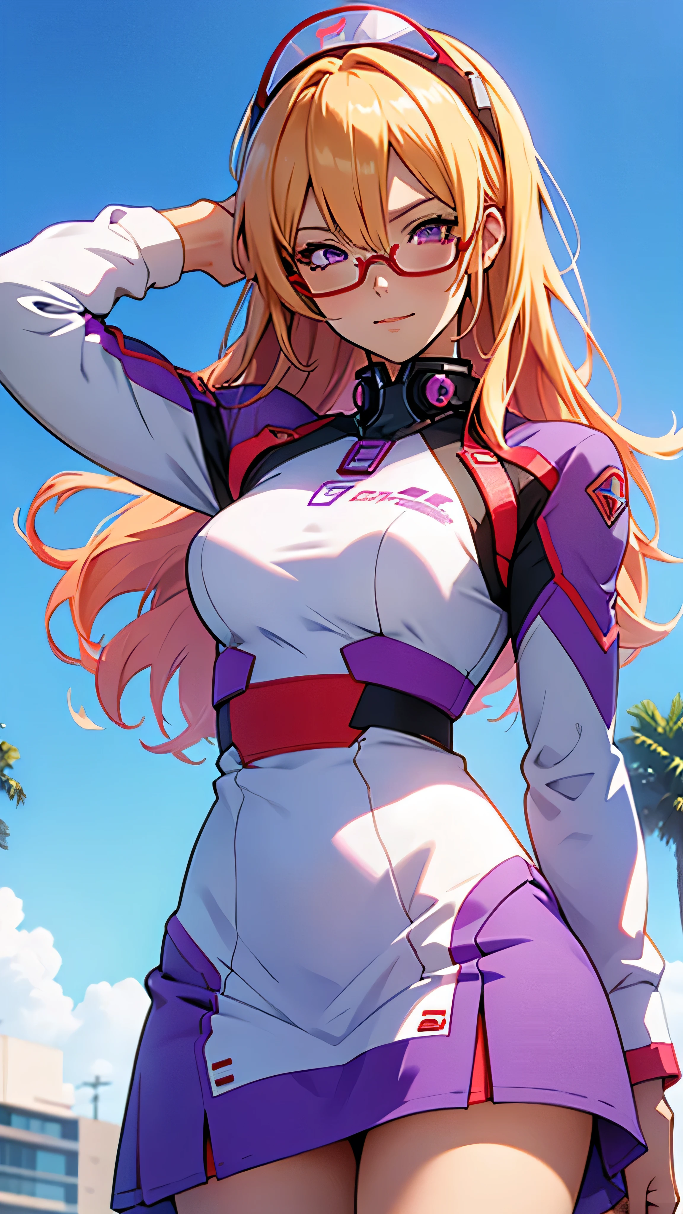 anime,An illustration,purple robot,Mobile Suit,Dom,Light blue check dress,Red glasses,Blonde,Light blue mesh hair,beautiful girl,Sora Sakurano,one person