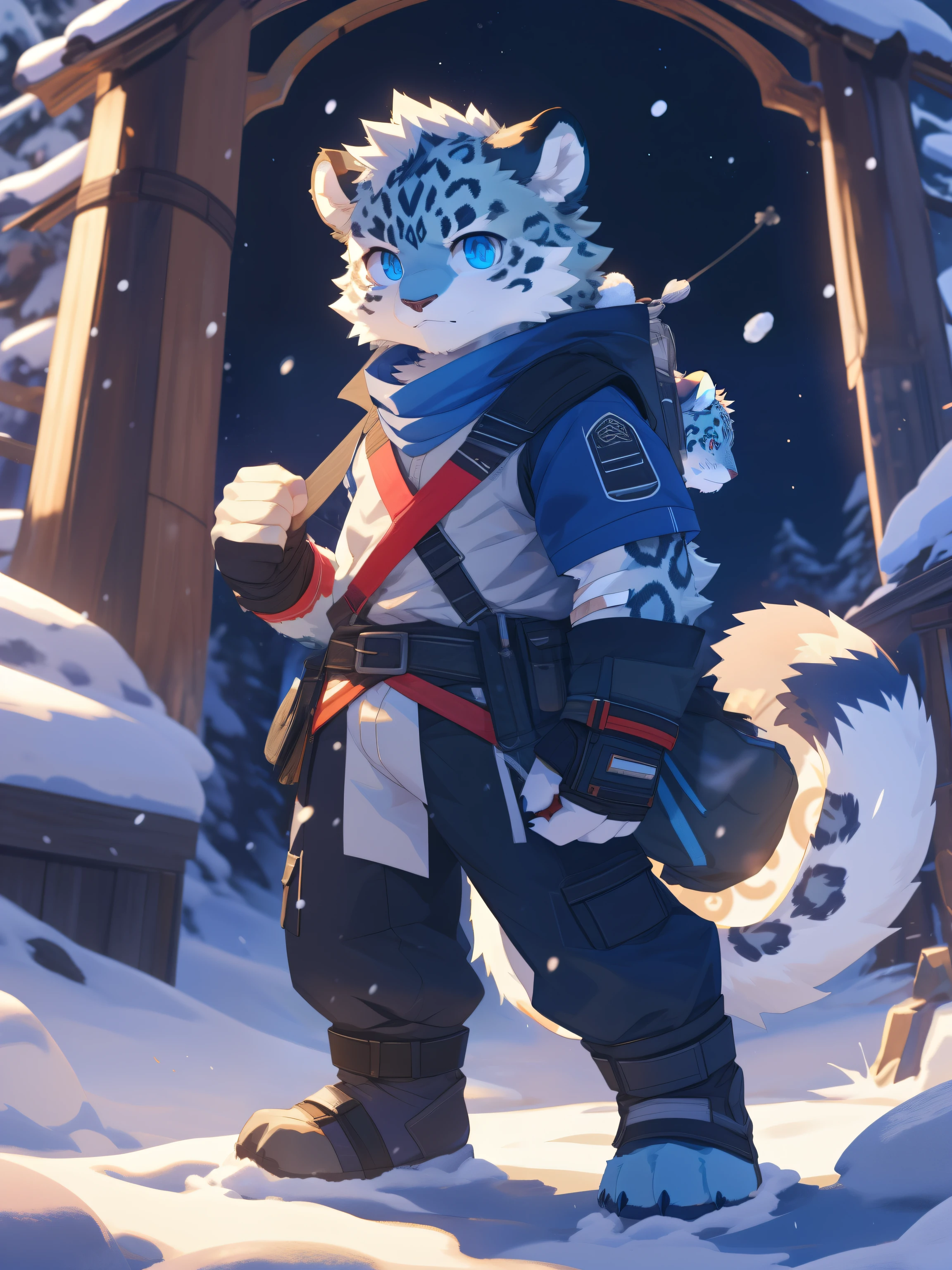 nj5furry,kemono,full-length portrait,anthro,hi res,male,juvenile,strong,Adventure suits,Fingerless gloves,Adventurer,snow leopard,Fluffy hair,Bandage leggings,Blue Eyes,Detailed eyes,Delicate eyes,Extremely high detail,8k high definition characters,optimistic and cheerful,Fighting Stance,Golden dot of light