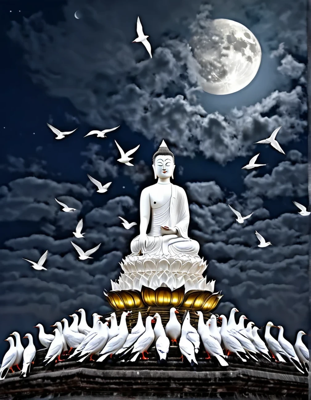 Realistic and detailed,The moonlight shines brightly in the sky.,Dozens of white pigeons flew around.,The Buddha statue came to sit hidden in the moon.,There was a group of faint clouds.