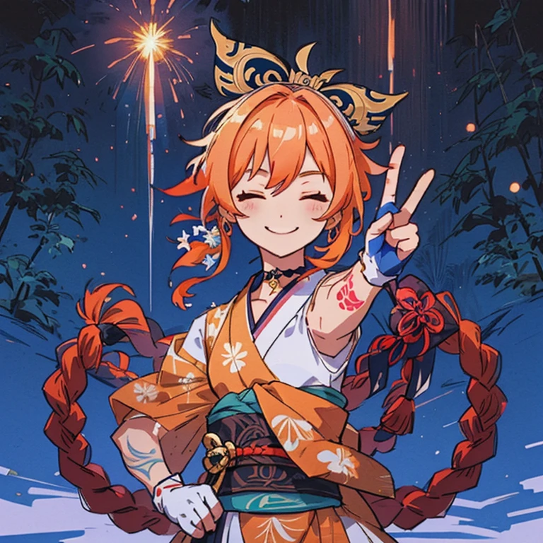 an anime character is standing in a white outfit and holding a hand up, 1girl, yoimiya (genshin impact), vision (genshin impact), sarashi, solo, v, japanese clothes, smile, choker, closed eyes, tattoo, gloves, hadanugi dousa, kimono, obi, sash, orange hair, rope, fingerless gloves, arm tattoo