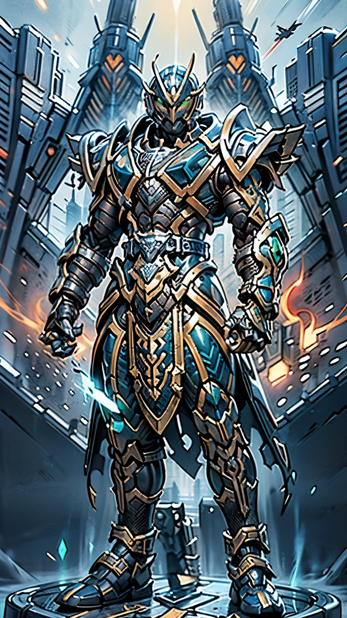 A man wearing a full-face helmet, a fantasy-style biotech armored combat suit, green eyes, (a composite layered chest armor), fully enclosed shoulder guards, matching arm and leg guards, the belt is adorned with Falcon Wing, (the color scheme is primarily white with red and blue accents), the design balances heavy with agility, a high-tech bio-mecha armor, (Armor Concept Inspired by Falcon, stand on the top of a skyscraper in a futuristic sci-fi city), this character embodies a finely crafted fantasy-surreal style armored hero in anime style, exquisite and mature manga art style, (battle damage, element, plasma, energy, the armor glows), ((male:1.5)), metallic, real texture material, dramatic, high definition, best quality, highres, ultra-detailed, ultra-fine painting, extremely delicate, professional, perfect body proportions, golden ratio, anatomically correct, symmetrical face, extremely detailed eyes and face, high quality eyes, creativity, RAW photo, UHD, 32k, Natural light, cinematic lighting, masterpiece-anatomy-perfect, masterpiece:1.5