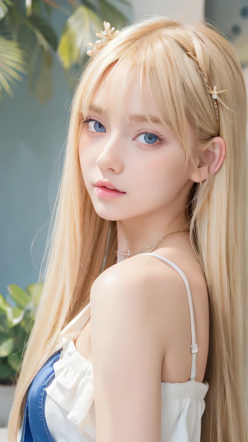 Beautiful, dazzling, super long, straight, silky blonde hair、Bright expression、Blonde girl posing in a white top、messy bangs between eyes,,、Glossy fair skin、Glowing Cheeks、Reality Girls、16-year-old girl、Beautiful girl with shining golden platinum blonde、Beautiful big bright blue eyes、Small Face Beauty、Round face