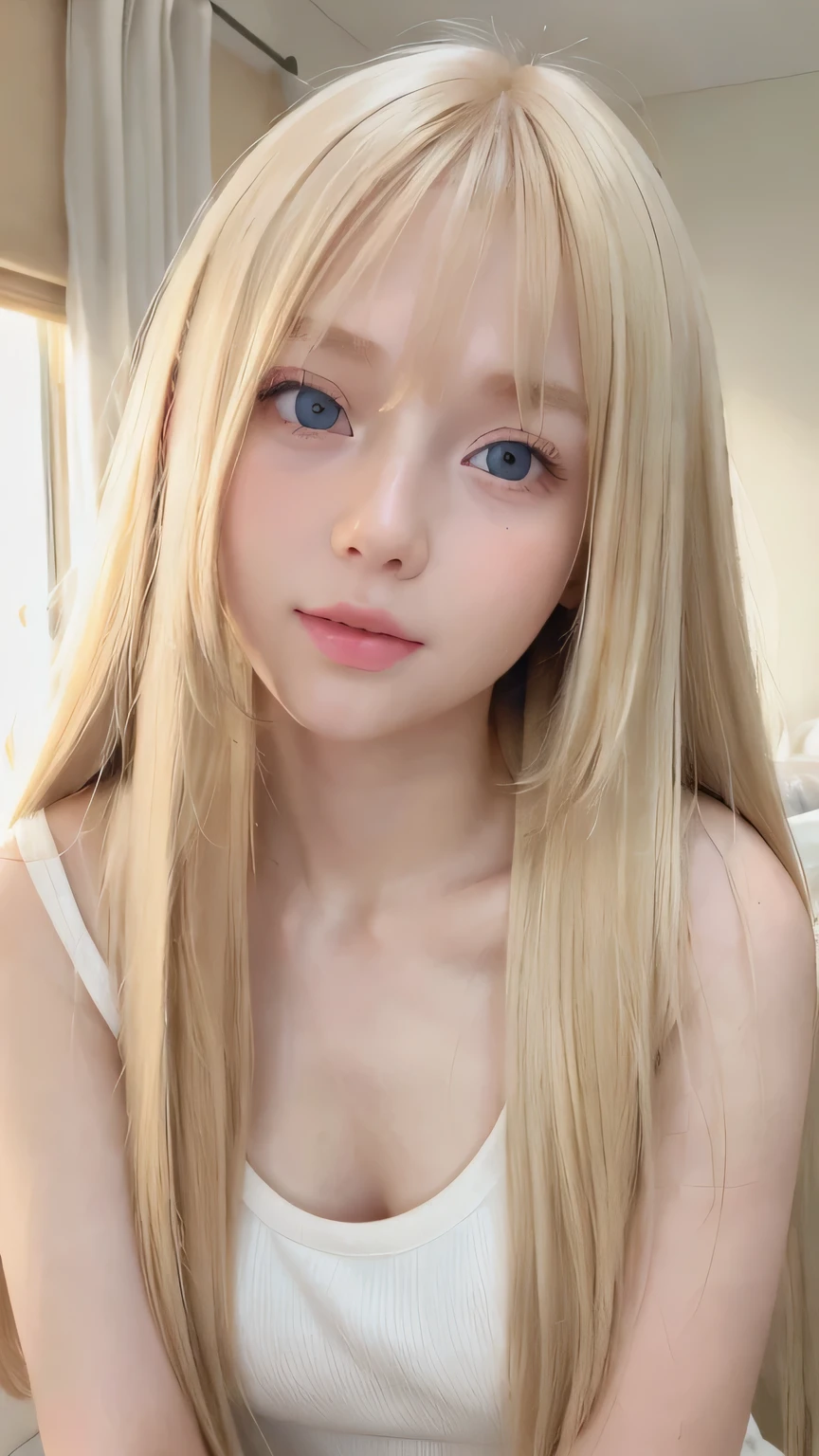 Beautiful, dazzling, super long, straight, silky blonde hair、Bright expression、Blonde girl posing in a white top、messy bangs between eyes,,、Glossy fair skin、Glowing Cheeks、Reality Girls、-yeld giBeautiful girl with shining golden platinum blonde、Beautiful big bright blue eyes、Small Face Beauty、Round face