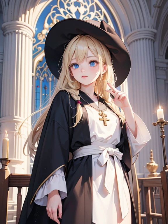 masterpiece, highest quality, Very detailed, 16k, Ultra-high resolution、Cowboy Shot, One 14-year-old girl, Detailed face, Perfect Fingers, blue eyes, Blonde, Braid, The figure of the wizard, Long pointed hat, Long black robe, temple, Cathedral