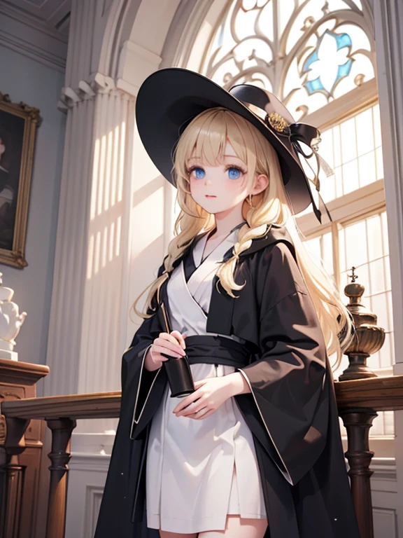 masterpiece, highest quality, Very detailed, 16k, Ultra-high resolution、Cowboy Shot, One ****************, Detailed face, Perfect Fingers, blue eyes, Blonde, Braid, The figure of the wizard, Long pointed hat, Long black robe, temple, Cathedral