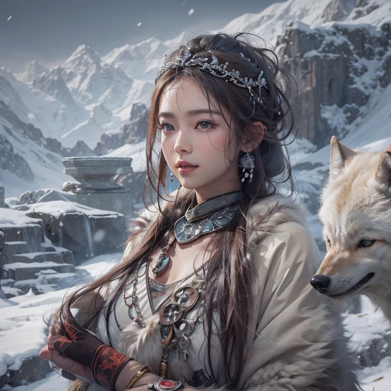 Hiding in the snowy mountains、Hair flow、 ((highest quality、masterpiece、8k、Best image quality、Ultra-high resolution、Award-winning works)、(Accurate anatomy:1.1)、(Look at me and smile:1.1)、Shining fair skin with Ultra-high resolution、The most detailed face、Ultra-high resolution detailed face、Ultra-high resolutionの髪の毛、(Ultra-high resolutionの煌めく瞳:1.1)、Beautiful face drawn in every detail、(Blurred Background:1.1)、Ancient Inuit clothing, Chest to Chest, tattoo, Old ruins in the background、Besides real wolves