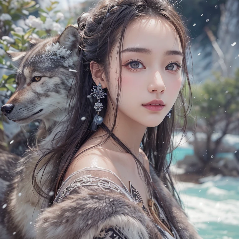 Hiding in the snowy mountains、Hair flow、 ((highest quality、masterpiece、8k、Best image quality、Ultra-high resolution、Award-winning works)、(Accurate anatomy:1.1)、(Look at me and smile:1.1)、Shining fair skin with Ultra-high resolution、The most detailed face、Ultra-high resolution detailed face、Ultra-high resolutionの髪の毛、(Ultra-high resolutionの煌めく瞳:1.1)、Beautiful face drawn in every detail、(Blurred Background:1.1)、Ancient Inuit clothing, Chest to Chest, tattoo, Old ruins in the background、Besides real wolves