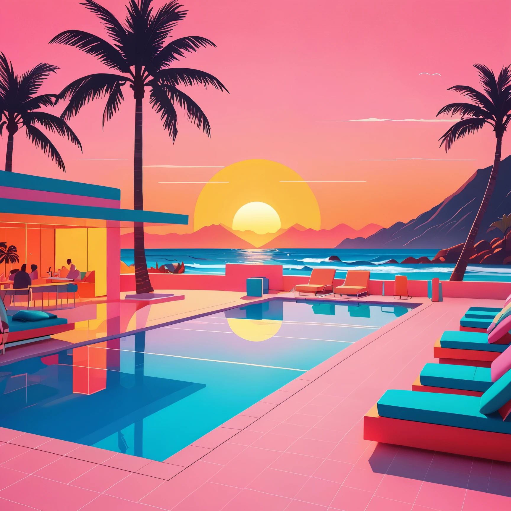 Create an artwork deeply immersed in the vaporwave aesthetic of the 80s, heavily influenced by Yoko Honda's vivid artistic style, adopting a minimalist approach. Picture a retro-futuristic beach and pool scene captured at sunset, illustrated in a 2D, flat perspective without any vanishing points. The sky above blazes with intense hues of orange, pink, and red—vibrant colors that reflect off the calm waters of the sea and pool, producing a visually captivating effect.

Around the pool, include neon-lit palm and coconut trees, rendered in a stylized, simple form to enhance the tropical and otherworldly ambiance with sparse but striking placements. Decorate the pool area with whimsical 80s-themed floaties, such as neon flamingos and unicorns, adding a playful and nostalgic touch. Additionally, integrate geometric neon lights that cast a surreal glow across the scene, providing minimal yet effective illumination.

The setting features a stylish, minimalist beachside bar visible behind large, flat glass windows. Inside, the bar should display pastel-colored walls and floors adorned with luxurious terrazzo and marble textures, achieved using Yoko Honda’s signature textured brushes to create a tactile and visually rich surface. Place chic 80s-style drinks and cocktails along the poolside to emphasize the leisure lifestyle of the decade.

This scene merges retro luxury with vibrant, warm color palettes in a minimalist, flat 2D composition, crafting a scene that is not only timeless but also distinctively reminiscent of the 80s and true to Yoko Honda’s style.