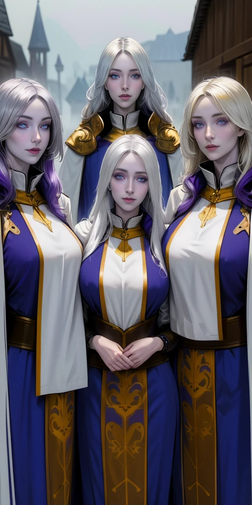 (Triplets) (chest covered) (smile) Gray skin, pale golden hair and violet eyes. They prefer clothing of white and silver with cloaks of deep blue or purple,village background, huge knockers, ((very precise detailed)) ((high res)