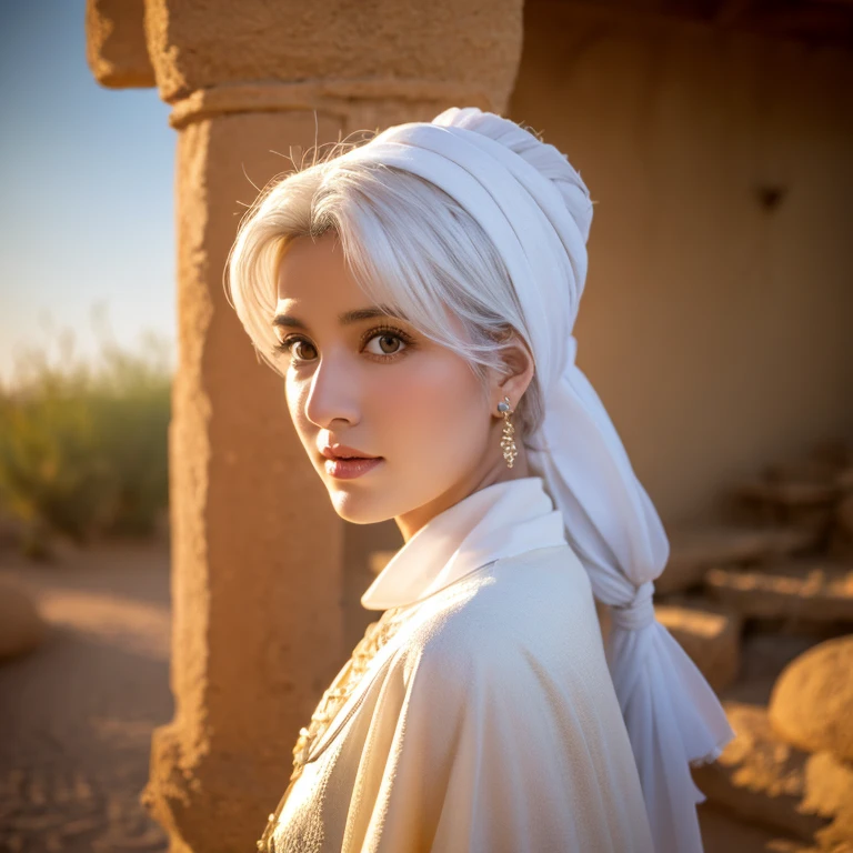 (highest quality、masterpiece、8k、Best image quality、Ultra-high resolution、Award-winning works)、A beautiful white-haired woman is looking at us from far in the the oasis surrounded by the desert, where a flood of light is streaming from the moon.、Ancient Islamic clothing、Beautiful face drawn in every detail、photographic image, shoulder out, real white wolf beside