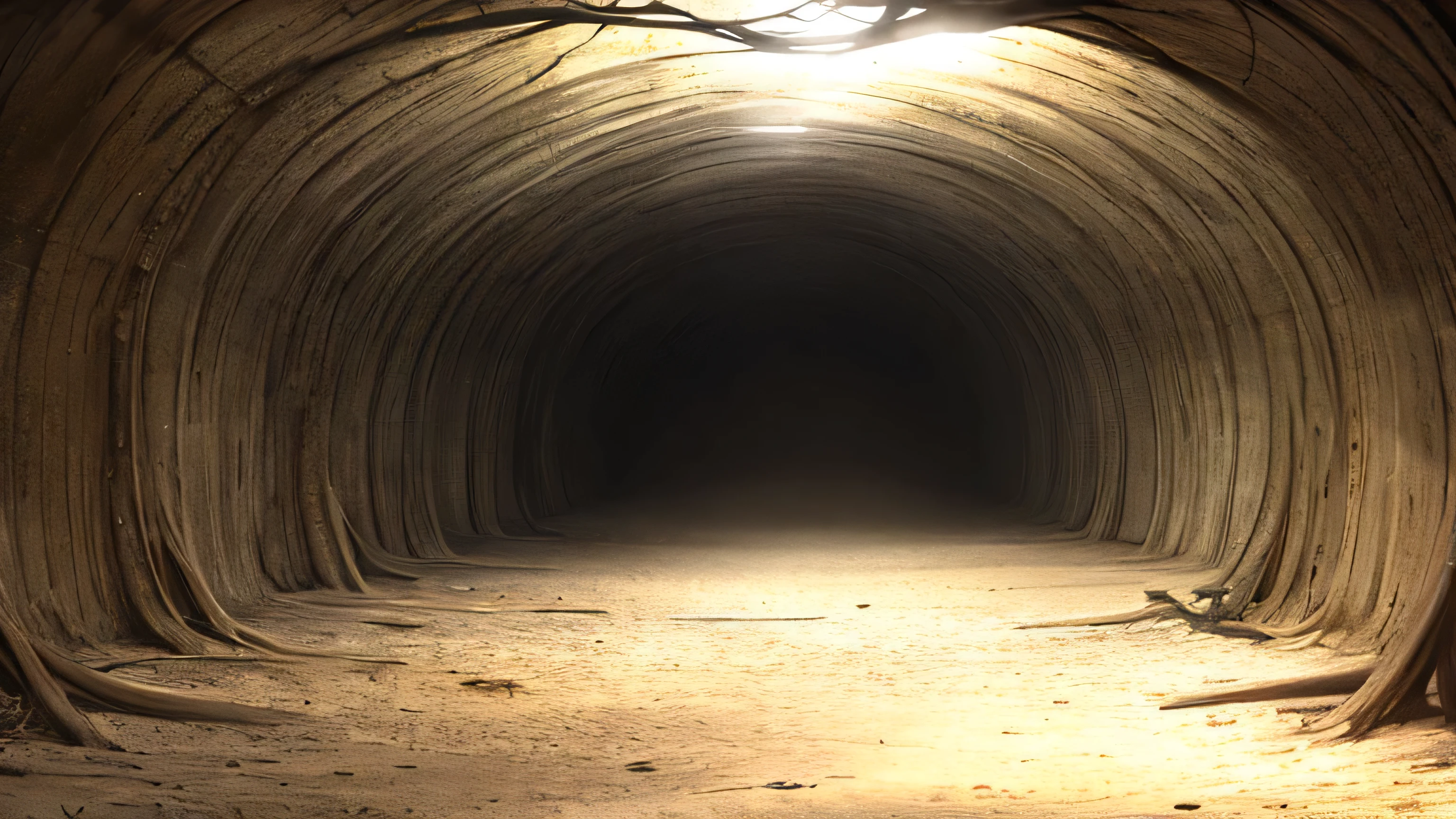 dirt cave, roots, poorly lit, no people, no light, no sun