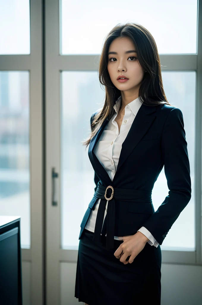 A woman, Brown wavy long hair, secretary, (Oval face: 1.3), (Royal sisters: 1.3), Best image quality, (masterpiece: 1.3), (Ultra-high resolution: 1.2), (suit, Suit skirt, black: 1.6), (Real hand details: 1.4), (Floor-to-ceiling windows: 1.3), (black eyes: 1.2), (Serious eyes: 1.4), (young: 1.3), (Detailed face close-up: 1.5), (Practical skin texture: 1.3), (Practical: 1.4), (Practical physical rendering: 1.5), (Practical light and shadow effects: 1.4), Practical modern city background, Standing in the office, Hold documents, (Perfect body, Thin waist, Long legs: 1.3), (Chinese Beauty: 1.7)