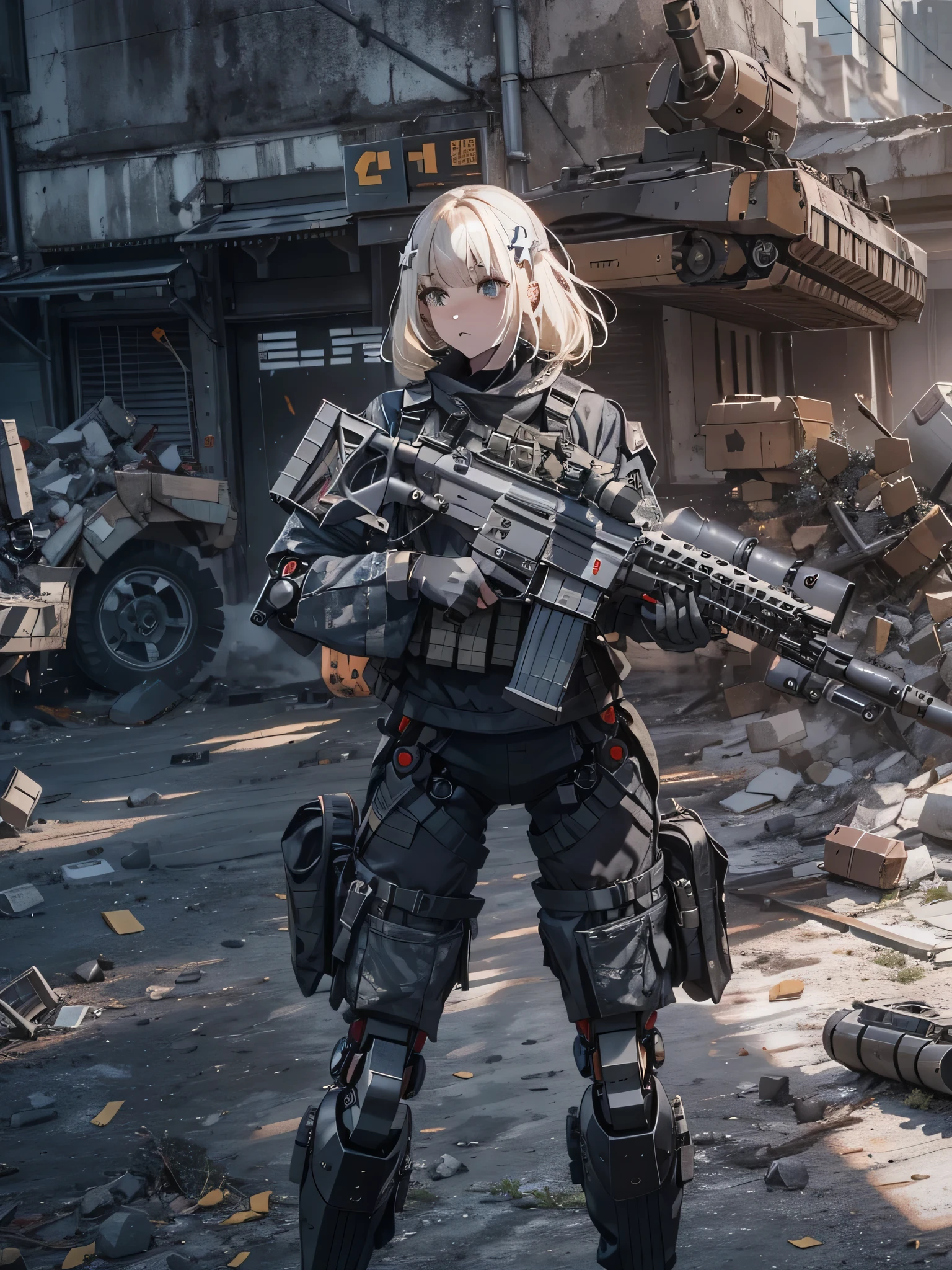 (h&K Rifle:1.4)、(((Fire a rifle to destroy military robots:1.4)))、(Female soldier with non-mechanical body)、solo:1.4、(Black combat uniform)、(platinum-blonde-hair:1.2)、Have multiple weapons、rubble、((超A high resolution))、Detail Write、masterpiece、top-quality、extremely details CG、Image quality in 8K、Cinematographic lighting、lensflare、(Night combat)、((In Building))、Hyper-detailing、The wreckage of military robots、cowboy shot:1.4、From diagonally behind、From above 、(hK416)、turned around