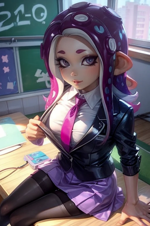 Number 8、Splatoon、Purple Hair、Long Hair、((pantyhose))、Picture below、Medium Chest、Bedroom、Swimwear、((school uniform))、Bright room、