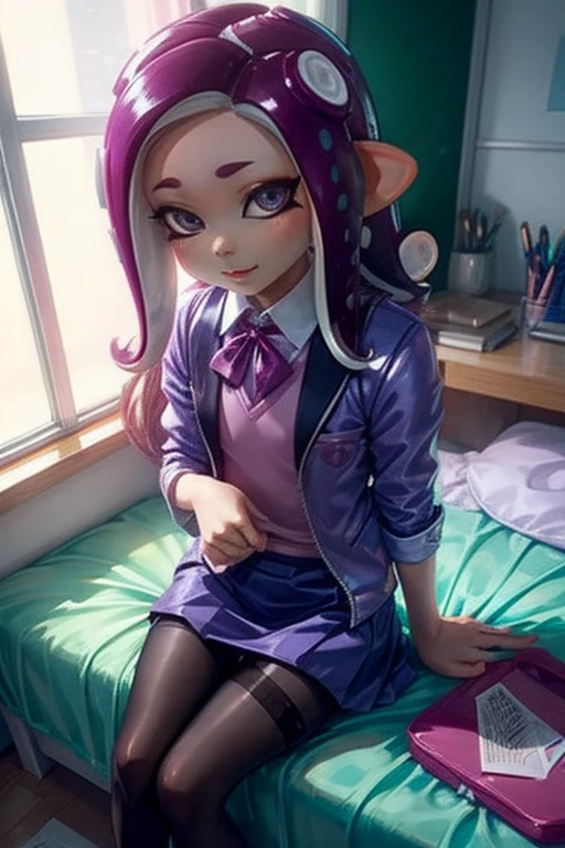 Number 8、Splatoon、Purple Hair、Long Hair、((pantyhose))、Picture below、Medium Chest、Bedroom、Swimwear、((school uniform))、Bright room、