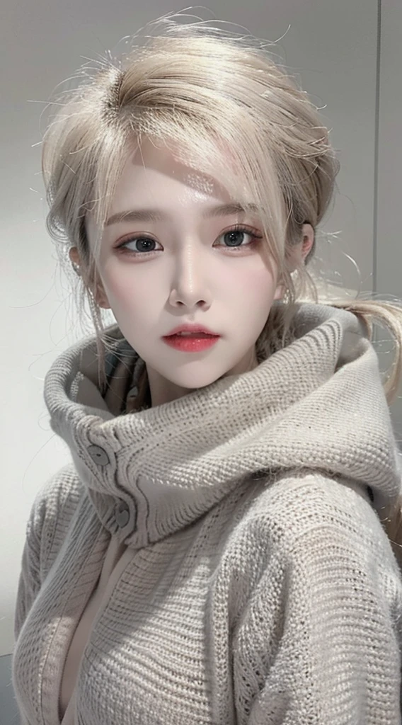 Incomparable masterpiece, Perfect work of art, ((Perfect female body)), short hair, Blonde hair, Thin, realism, Solitary, (realism: 1.4), best quality, Ultra-high resolution, 1 Girl, porcelain, K-Pop Idol, whole body, Gray cardigan, (C cup), fair, masterpiece, best quality, very detailed face, Perfect lighting, Solitary, No makeup, best quality, Ultra-high resolution, (Practical:1.4), Ultra Detailed, masterpiece, best quality, 👍 Ulzan-6500-V1.1