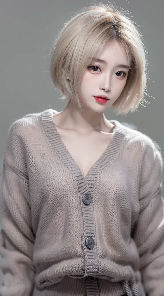Incomparable masterpiece, Perfect work of art, ((Perfect female body)), short hair, Blonde hair, Thin, realism, Solitary, (realism: 1.4), best quality, Ultra-high resolution, 1 Girl, porcelain, K-Pop Idol, whole body, Gray cardigan, (C cup), fair, masterpiece, best quality, very detailed face, Perfect lighting, Solitary, No makeup, best quality, Ultra-high resolution, (Practical:1.4), Ultra Detailed, masterpiece, best quality, 👍 Ulzan-6500-V1.1
