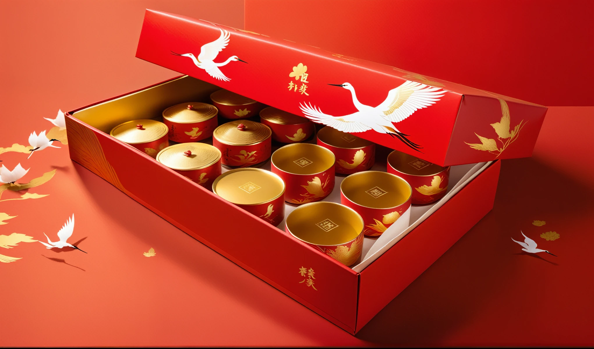 The packaging design of the red tea gift box features two rectangular boxes with gold foil and white paper on them, featuring an illustration in the style of Chinese cranes flying in flight. The background is pure red, creating a festive atmosphere for celebrating New Year's Day. There should be no text or words written on it. Studio Photography，Natural light and shadow，Still Life Photography，Highest quality,4K,high resolution,masterpiece:1.2),Super detailed,(Practical,photoPractical,photo-Practical:1.37)
