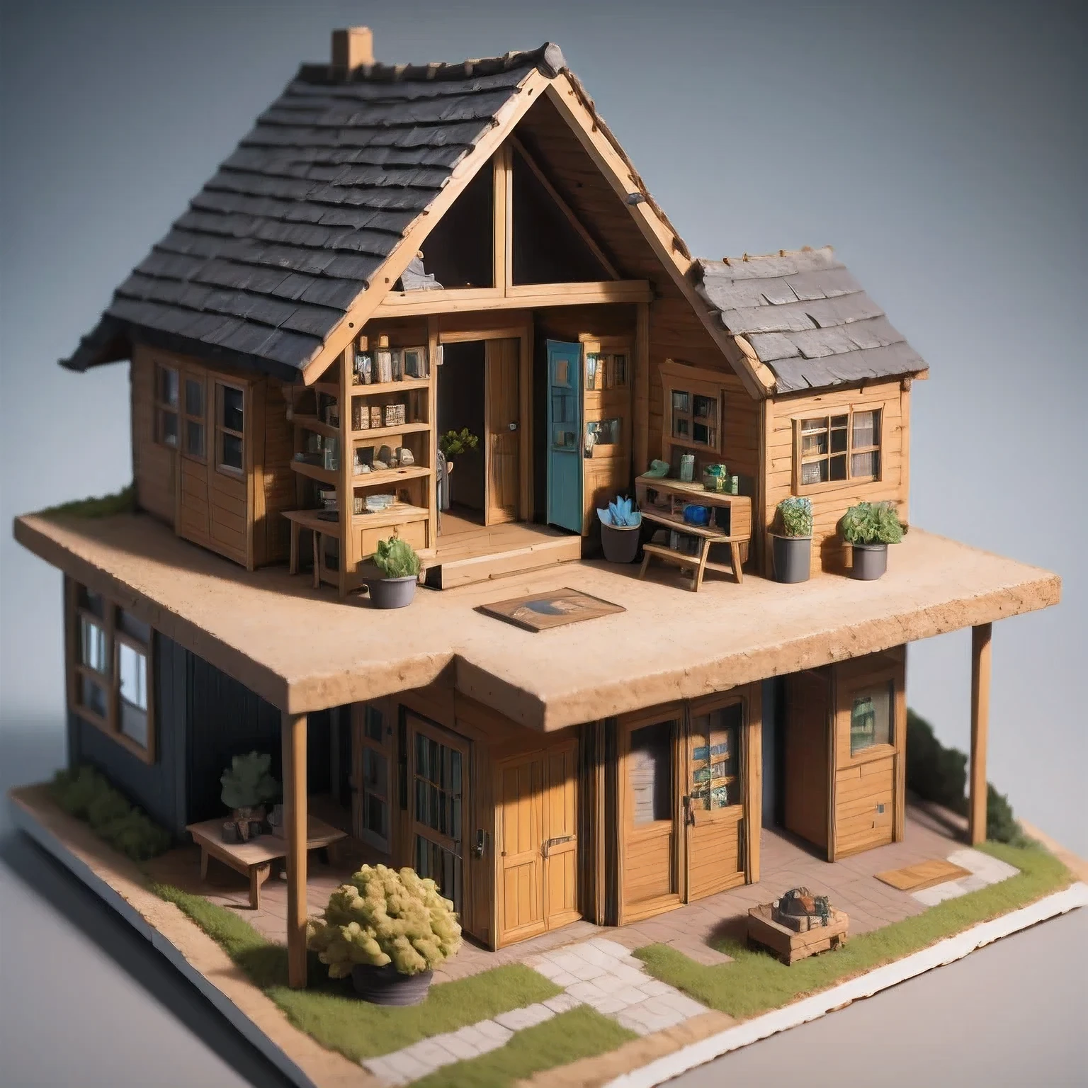 there is a small model of a small house with a roof, diorama model, highly detailed sculpey diorama, surreal sci fi set design, highly detailed diorama, diorama, detailed scene, eeri, miniature model, backside of scenography elements, by Lee Loughridge, by Brigette Barrager, diorama picture, witch hut with a couch and a tv, stylized 3d render, adventure hyper realistic render, daily render, hyper detailed 3 d render, highly detailed diorama, hyper detailed 3d render, extreme render, highly detailed 3 d render, highly detailed 3d render, super detailed render, very detailed render, 3 d videogame render，stylized 3d render, 3 d render stylized, cute 3 d render, hyper detailed 3 d render, hyper detailed 3d render, daily render, stylized as a 3d render, very detailed render, 3 d stylize scene, super detailed render, fully detailed render, highly detailed 3d render
