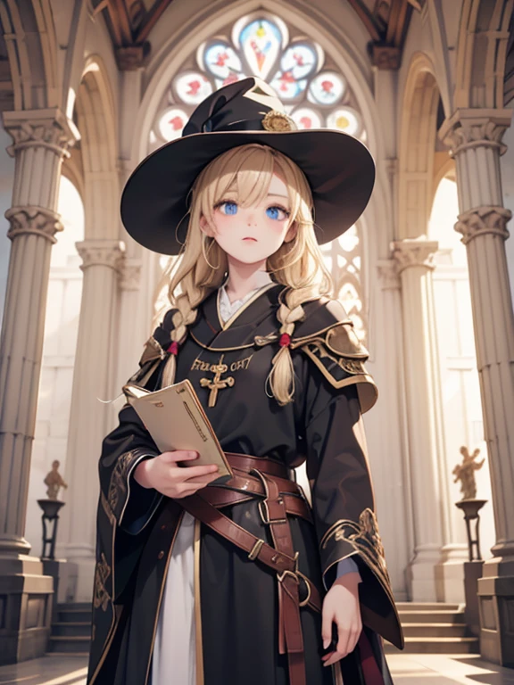 masterpiece, highest quality, Very detailed, 16k, Ultra-high resolution、Cowboy Shot, One 14-year-old girl, Detailed face, Perfect Fingers, blue eyes, Blonde, Braid, The figure of the wizard, Long pointed hat, Long black robe, temple, Cathedral, Have scriptures