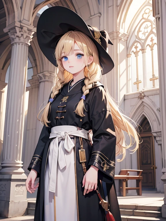 masterpiece, highest quality, Very detailed, 16k, Ultra-high resolution、Cowboy Shot, One ****************, Detailed face, Perfect Fingers, blue eyes, Blonde, Braid, The figure of the wizard, Long pointed hat, Long black robe, temple, Cathedral, Have scriptures