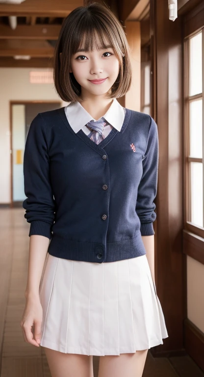(highest quality,8k,RAW Photos,reality,High resolution:1.2),(Cute Japanese Girl),(A big bust that seems to burst:1.20),(The body is slim、thin、Naughty body),(Japan High School Uniform),(School classroom),(18-year-old、difficult、Lofty dream、Brown Hair、Short Bob、Male classmate prisoner、The presence of idoleautiful reality Asians:1.5、Kindness)、Professional specifications、smile
