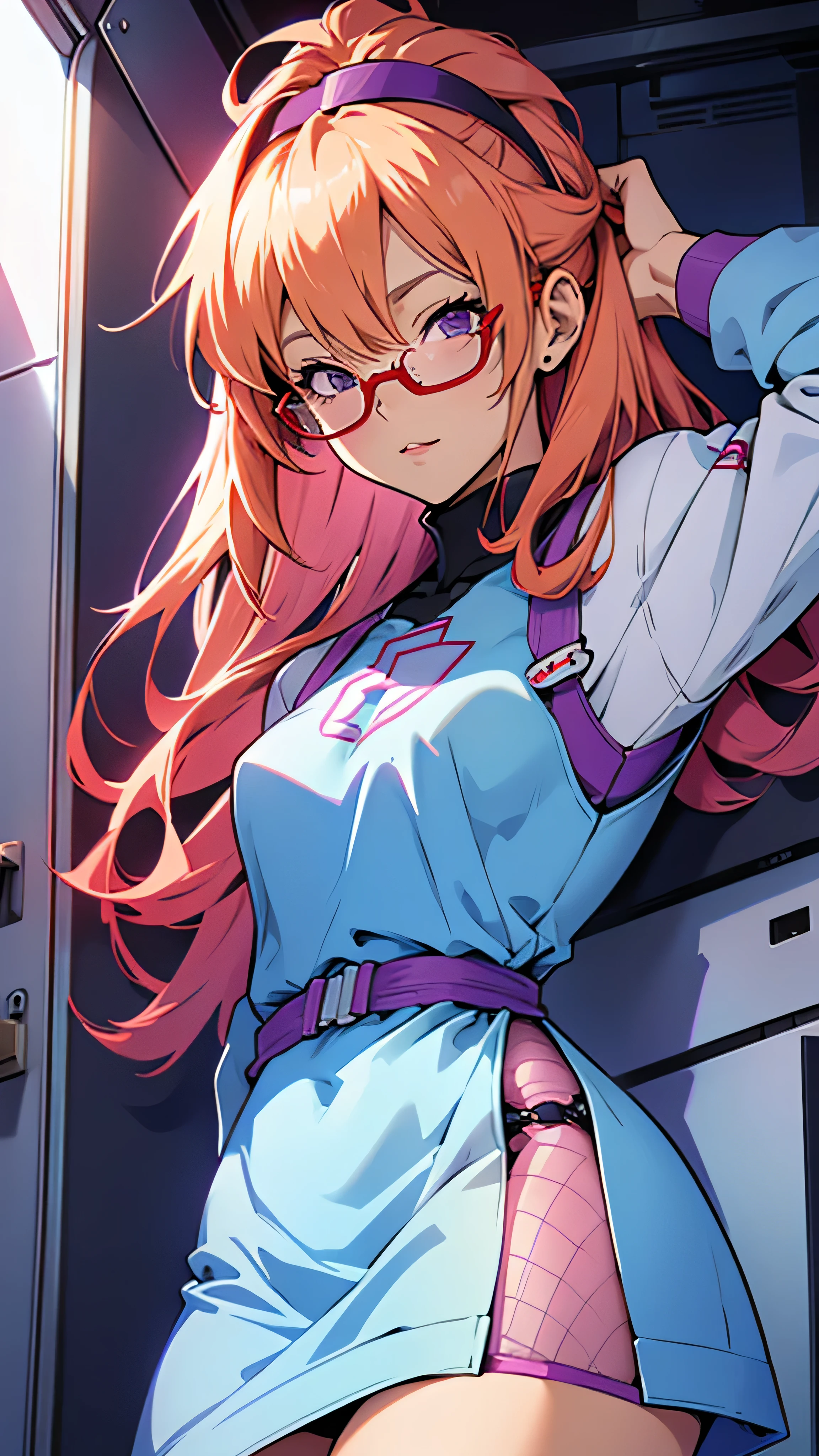 anime,An illustration,purple robot,Mobile Suit,Dom,Light blue check dress,Red glasses,Blonde,Light blue mesh hair,beautiful girl,Sora Sakurano,one person