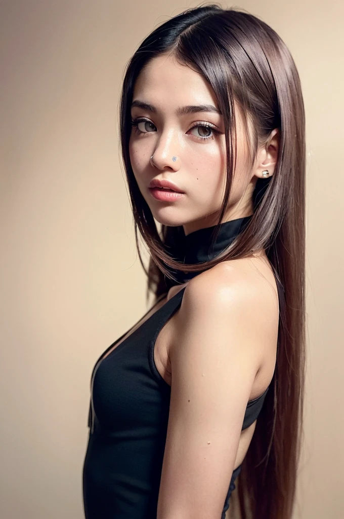 1 Girl,Beautiful retro colors, Instagram (photoPractical, high resolution:1.4), ((Puffy eyes)), Looking at the audience, , whole body (8k, original photo, best quality, masterpiece:1.2), (Practical, photo-Practical:1.37),(Clear focus:1.2), Professional lighting, Photon Mapping, Radiosity, Physically Based Rendering, (Pale skin:1.2),(Small Breasts:1.2), Looking at the audience, (Medium-length hair:1.5), portrait, Purple Eyes, (Elongated hair:1.1),Bangs, (Simple background:1.4), Solitary, Upper Body, Practical,(masterpiece:1.4),(best quality:1.4),(Glowing skin),Rob a girl,cosmetic,Smile(Skinny,Shut up,Shy :1.3) ,(permanent,Black Stewardess,Necromancer:1.1),Medium bust,Sexy pose ,