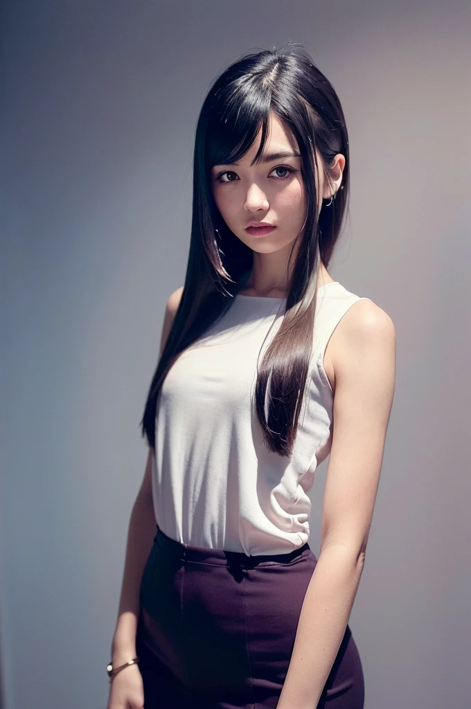 1 Girl,Beautiful retro colors, Instagram (photoPractical, high resolution:1.4), ((Puffy eyes)), Looking at the audience, , whole body (8k, original photo, best quality, masterpiece:1.2), (Practical, photo-Practical:1.37),(Clear focus:1.2), Professional lighting, Photon Mapping, Radiosity, Physically Based Rendering, (Pale skin:1.2),(Small Breasts:1.2), Looking at the audience, (Medium-length hair:1.5), portrait, Purple Eyes, (Elongated hair:1.1),Bangs, (Simple background:1.4), Solitary, Upper Body, Practical,(masterpiece:1.4),(best quality:1.4),(Glowing skin),Rob a girl,cosmetic,Smile(Skinny,Shut up,Shy :1.3) ,(permanent,Black Stewardess,Necromancer:1.1),Medium bust,Sexy pose ,