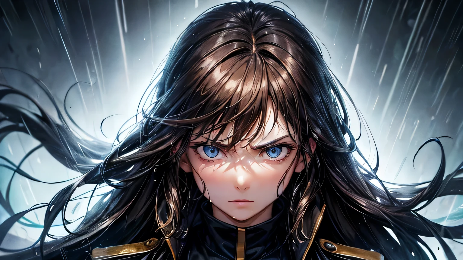 (oil, masterpiece, highest quality, Super detailed, Focus on the characters), woman,Black military uniform,Angry expression,Brown long hair,Wet with rain,Detailed hair depiction,Detailed depiction down to the tips of the hair,Neon Light,([return:0.8]|[ face facing returnwards:1.1]), ,([Garrison Scenario:1.2]|[ ground:1.3]| [High Contrast:1.1])  