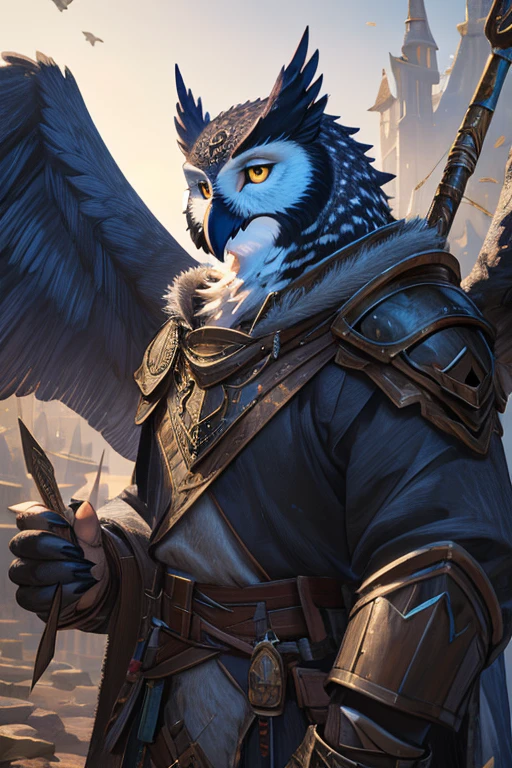 warrior with metal owl armor., Wizard owl with bigger wings, Vogelkrieger, Fantasy art behavior, Fantasy card game art., fantasy character hiper detallado., fantasy character, Epische fantasy character, 4K-fantasy-art, Realistic fantasy artwork., Epic digital fantasy art style., High quality fantasy art., Epische Fantasy card game art.