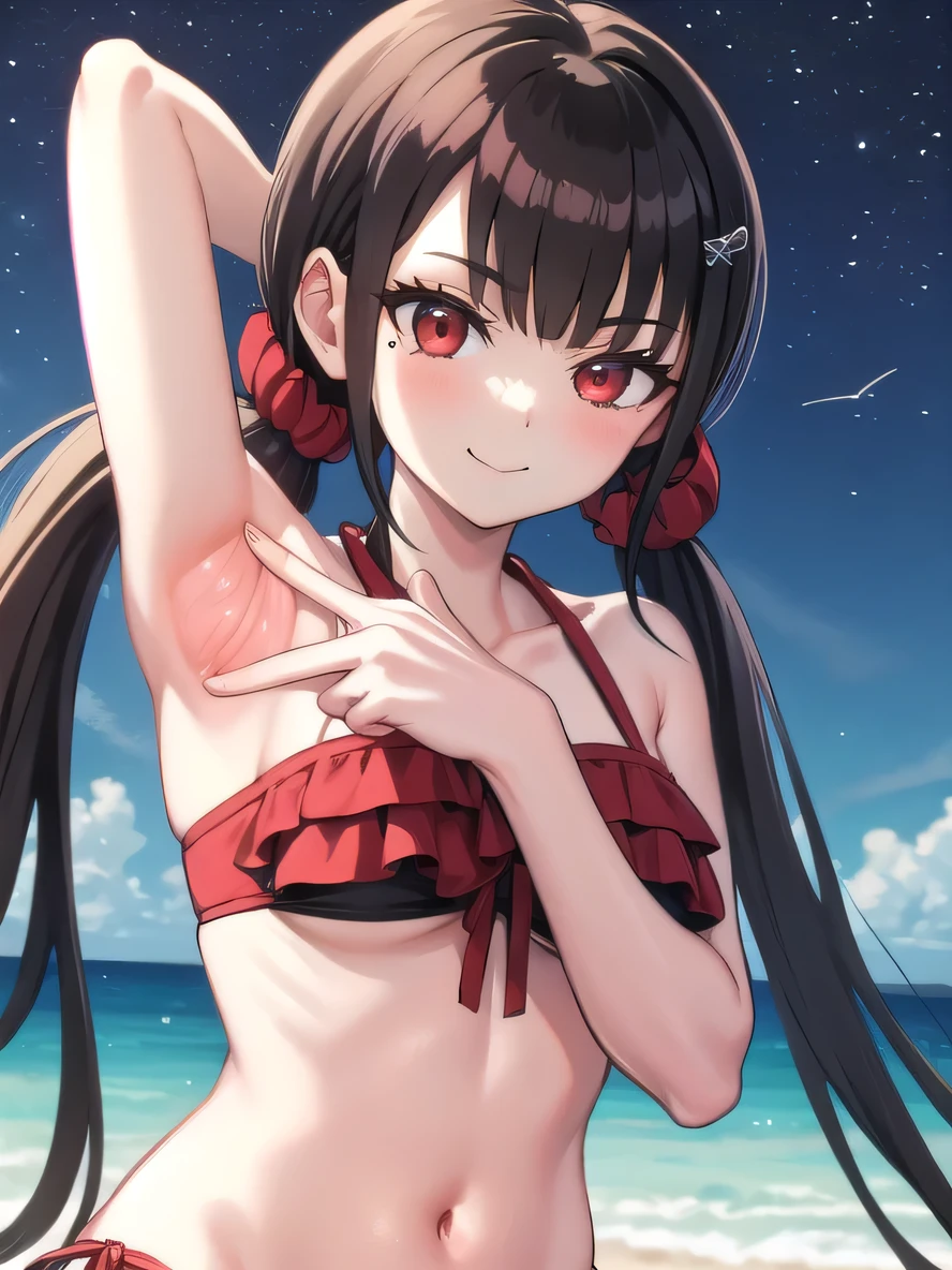 masterpiece, best quality, ultra-high-detailed, Harumaki, red eyes, brown hair, low twintails, red scrunchie, mole under eye, blunt bangs, hairclip, bikini, beach, closed mouth, solo, upper body, night sky, beach, arms behind head, contrapposto, spread armpits, looking at viewer, best quality, smile,