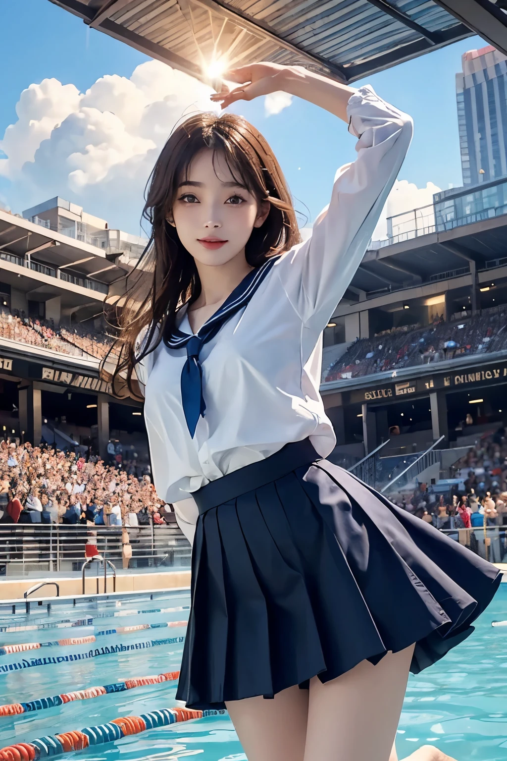 ((highest quality、8k、masterpiece:1.3))、(whole body:1.3),Sharp focus:1.2、(Realistic、Realistic:1.37)、Beautiful legs、Point your feet towards the audience、Get your feet in front of the audience、Woman with beautiful face、28 years old、Pointed Chest、Long eyelashes、Colored contact lenses、delicate,Very fine eyebrows、(Sharp eyebrows)、(Thin eyebrows).Highly detailed face、(Brunette messy hair:1.3、Sailor suit、(School swimming pool:1.2)、(blue sky:1.4)、(sun:1.4)、Detailed Background(8k、masterpiece、highest quality、RAW Photos),(Dynamic Pose:1.3),(A radiant smile:1.3)、(Knee-length skirt:1.2)、(Jump:1.3)