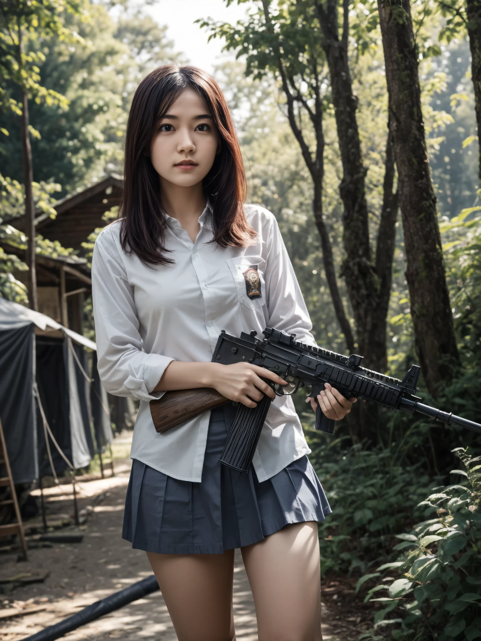 1girl, holding ak47 rifle, head tilt, detailed face, gray skirt, white shirt, military camp, afternoon, lens flare, trees, bush, masterpiece, best quality, hdr, 8k, bokeh, sharp focus, 