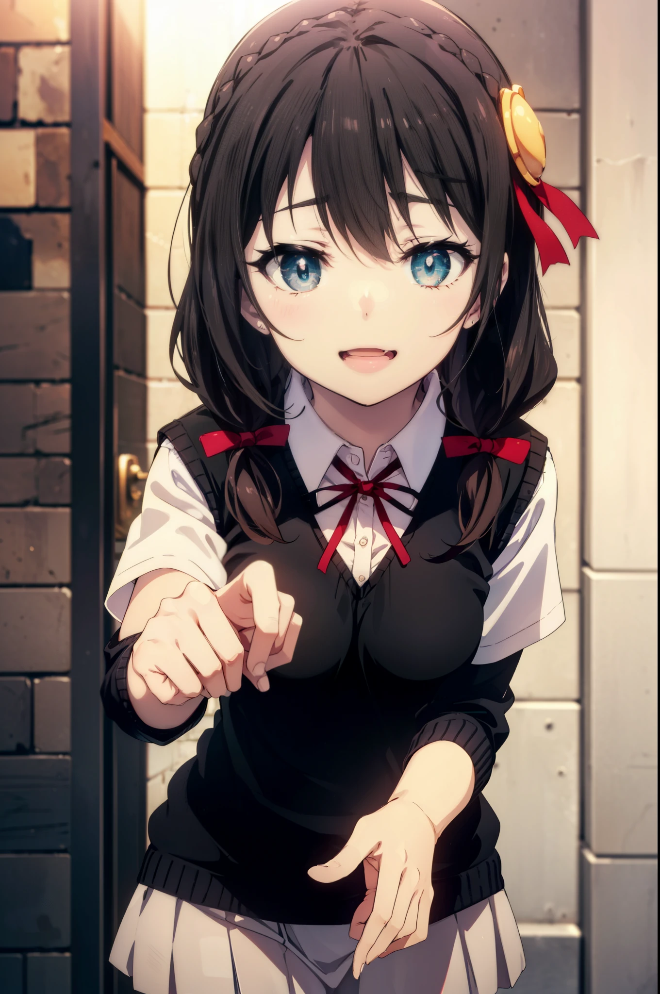 Yunyun, Long Hair, Brown Hair, hair ornaments, Red eyes, bow, ribbon, Twin tails, Braiding, hair bow, ,happy smile, smile, Open your mouth,
White shirt,Short sleeve,Sweater vest, (black Sweater vest:1.5),Black pleated skirt,Black Pantyhose,Black Loafers,whole bodyがイラストに入るように,歩いている
break door, School　corridor,crowd, people々々々々,
break looking at viewer, whole body,
break (masterpiece:1.2), highest quality, High resolution, unity 8k wallpaper, (shape:0.8), (Beautiful and beautiful eyes:1.6), Highly detailed face, Perfect lighting, Highly detailed CG, (Perfect hands, Perfect Anatomy),