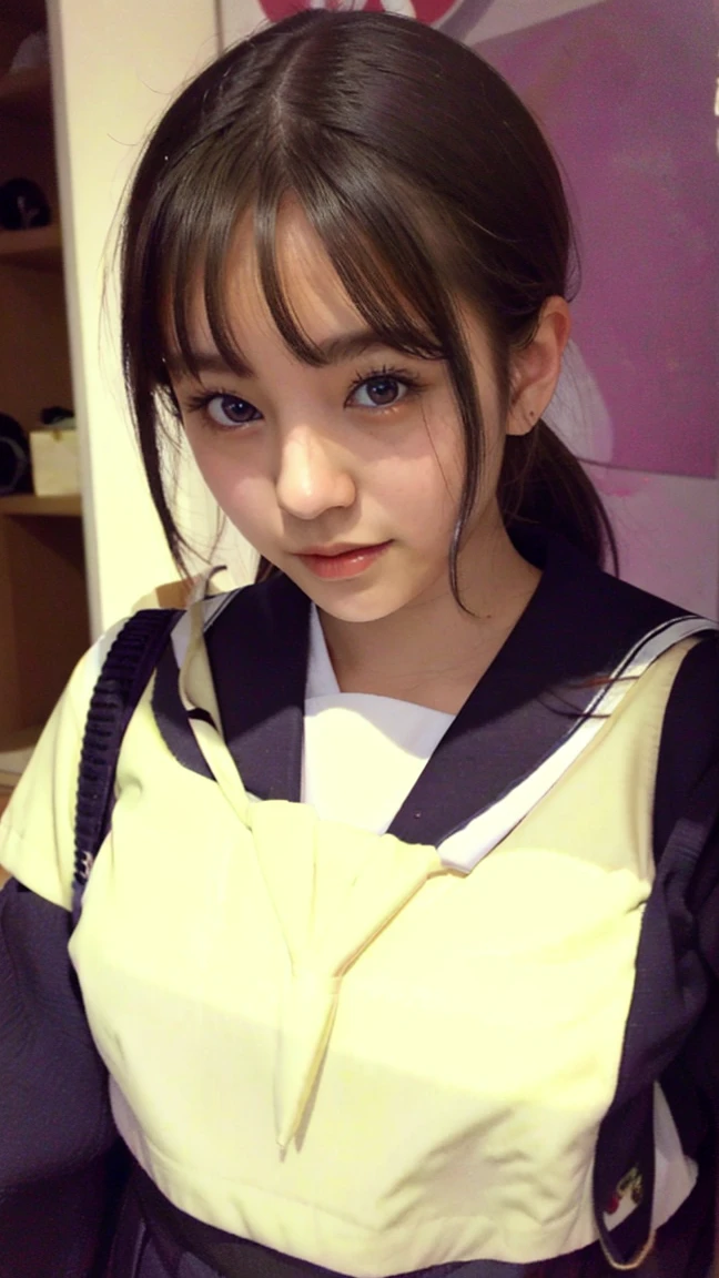 Upper body of a Gorgeous woman, twenty five years old, Japanese, happy, wearing Seifuku uniform, black background 