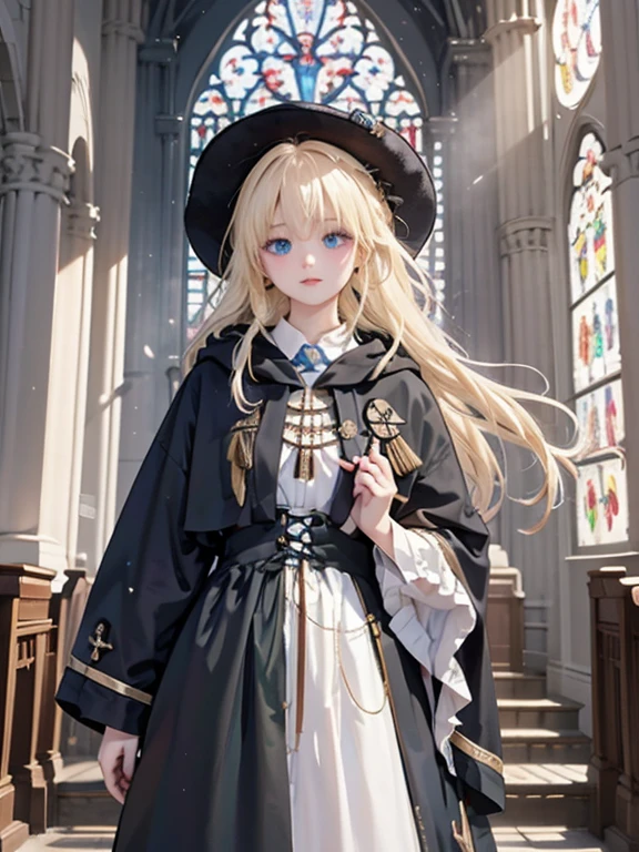 masterpiece, highest quality, Very detailed, 16k, Ultra-high resolution、Cowboy Shot, One -yeld gi Detailed face, Perfect Fingers, blue eyes, Blonde, Braid, The figure of the wizard, Long pointed hat, Long black robe, temple, Cathedral, Have scriptures