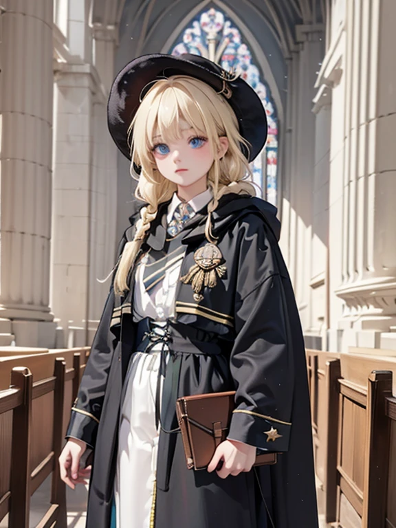 masterpiece, highest quality, Very detailed, 16k, Ultra-high resolution、Cowboy Shot, One -yeld gi Detailed face, Perfect Fingers, blue eyes, Blonde, Braid, The figure of the wizard, Long pointed hat, Long black robe, temple, Cathedral, Have scriptures