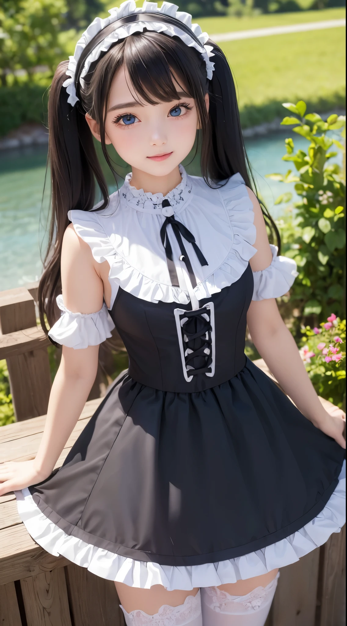 ((masterpiece)), ((highest quality、Ultra high definition)), (Very detailed),8K、Photo quality、((Amazingly cute girl)), -yeld gi Two people, , (Beautiful emerald blue eyes), ((smile)),In the open-air bath overlooking the sea, Beautifully arranged black hair in twin tails、whole body、(Super high-end white see-through summer gothic lolita maid costume、A super mini skirt with lots of frills)、Professional Lighting、(White lace knee-highore details and more beauty)))、