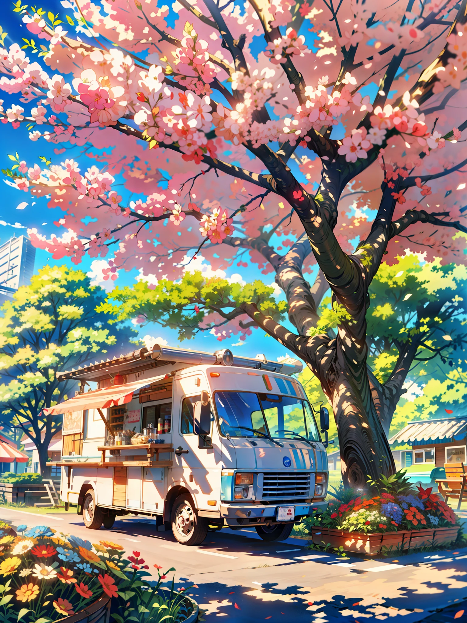 a painting of a food truck parked under a tree, multicolored flowers, makoto shinkai and (cain kuga), makoto shinkai. high detail, by Makoto Shinkai, by makoto shinkai, anime. by makoto shinkai, ( ( makoto shinkai ) ), style of makoto shinkai, ghibli studio style, cushart, ghibli film,beautiful art uhd 4 k, a beautiful artwork illustration, beautiful digital painting, highly detailed digital painting, beautiful digital artwork, detailed painting 4 k, very detailed digital painting, rich picturesque colors, gorgeous digital painting