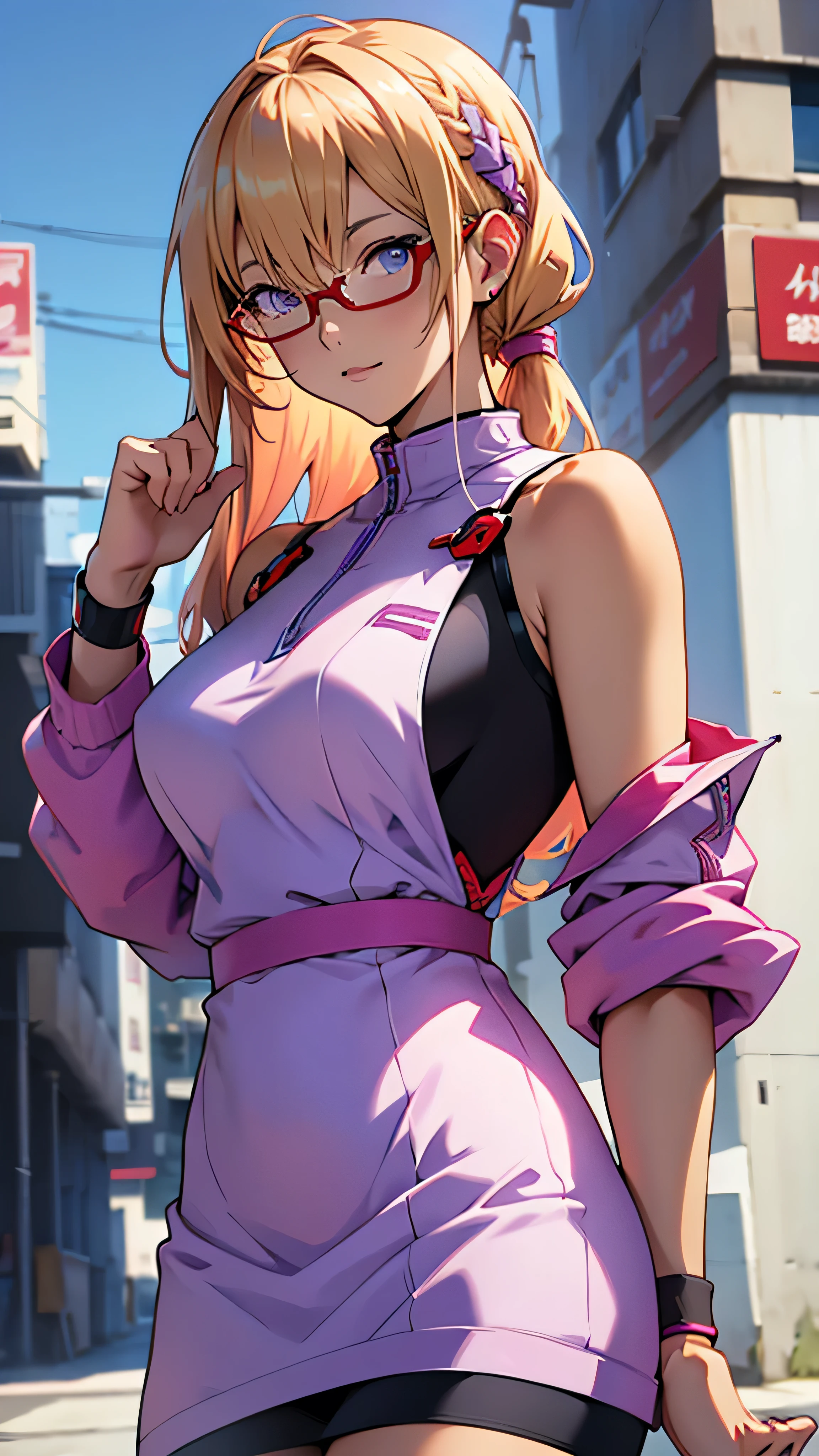 anime,An illustration,purple robot,Mobile Suit,Dom,Light blue check dress,Red glasses,Blonde,Light blue mesh hair,beautiful girl,Sora Sakurano,one person