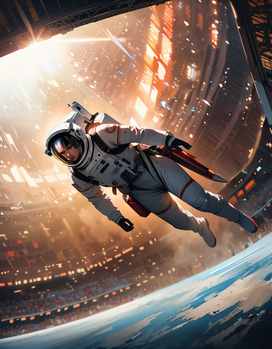 ((masterpiece, highest quality, Best image quality, High resolution, Realistic, RAW Photos, 8k)),background,Inside the athletics stadium, An astronaut flying with his back to a stadium full of spectators, It flies through the air using rocket propulsion from a booster pack mounted on its back.。Huge stadium, Space suit in sunlight, Astronaut floating in a vast athletics stadium, ((The inside of the stadium is depicted with the addition of a heat haze effect caused by the rocket&#39;s propulsion heat..))