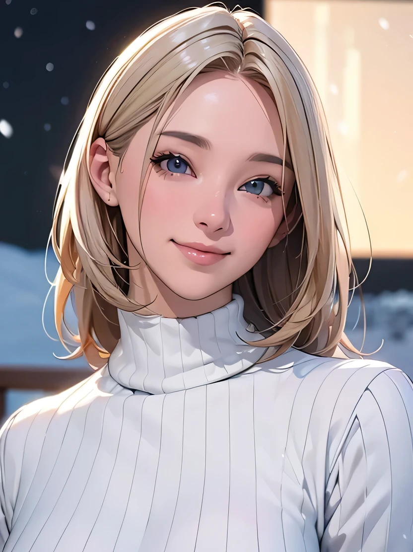 ((Masterpiece, Top Quality, Authentic, Super Detailed, High Definition, Sharp Focus, Photorealistic, Cinematic Lighting)), ((One Girl, Bust Shot)), Natural and Realistic Colors, (Perfect face, beautiful face), platinum blonde hair, happy, light smile, looking at viewer, white turtleneck sweater, outdoors, winter, snow, night, complex background, depth of field, detailed hand depiction, 3DMM