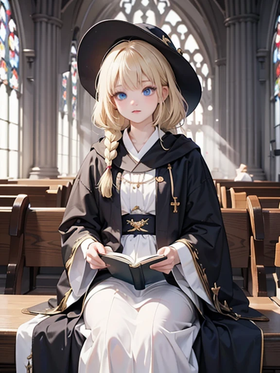 masterpiece, highest quality, Very detailed, 16k, Ultra-high resolution、Cowboy Shot, One -yeld gi Detailed face, Perfect Fingers, blue eyes, Blonde, Braid, The figure of the wizard, Long pointed hat, Long black robe, temple, Cathedral, Have scriptures,sit