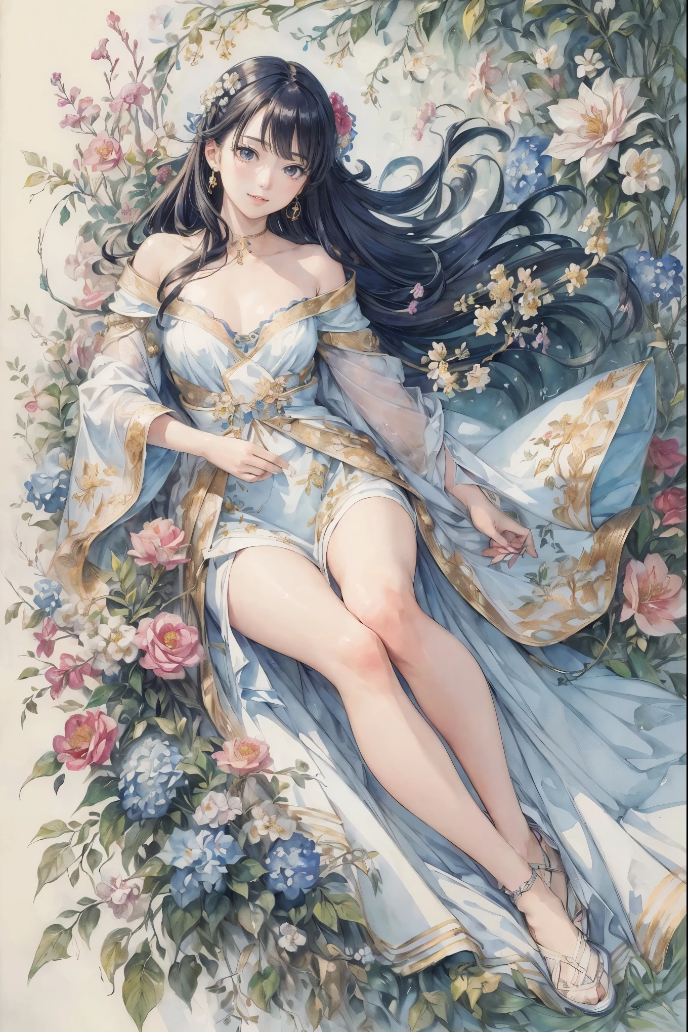 (masterpiece、highest quality、highest quality、Detailed and complex、Official Art、Beautiful and aesthetic:1.3)、(Excellent anatomy)、（Watercolor 1.5）、（(1 girl:1.3)、smile、(Botanical art:1.3).