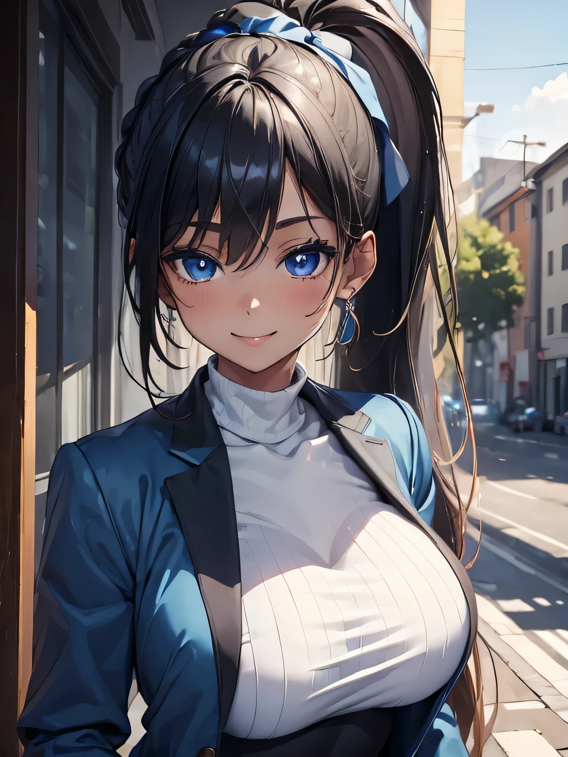 (masterpiece, best quality:1.4), 8k, Light Skinned, Black ponytail Hair, Young adult, anime girl, Smile, Happy, Teasing, light Blue Eyes, Big chest, White Turtleneck, Blue Jacket (detailed eyes and face, sharp pupils, realistic pupils:0.6)