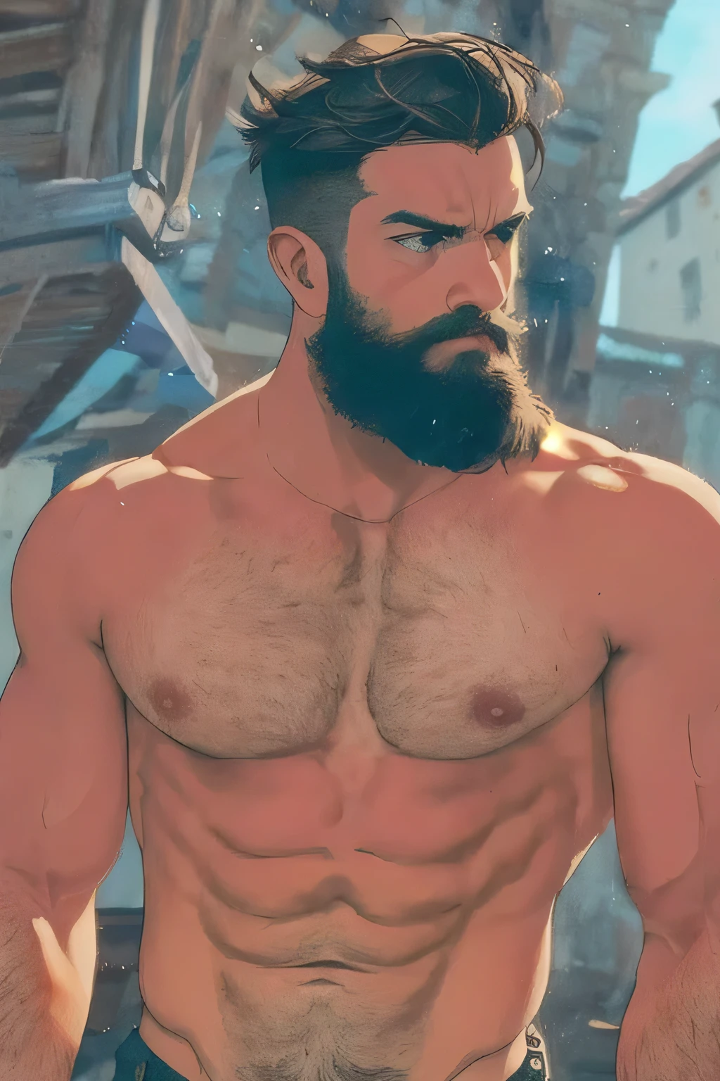 mid_shot, attractive bearded man,, defined muscles, medieval town, orange black blue, (sad), (atmosphere), coherent, continuity, epic, sharp lines, short hair,