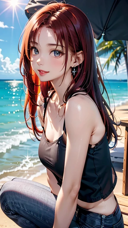 (((UHD)), ((highest quality)), ((masterpiece)), (Very detailed), (High resolution), (Beautiful detailed sparkle), (High detail), (Anatomically correct)), ((Realistic)), 8k, 1080P, Photorealistic:1.37, 

(((One Woman))), 
(Symmetrical facial features:1.4, Perfect Face), Beautiful clavicle, (Beautiful fingers), (((Beautiful breasts, Slightly smaller chest))), 
Beautiful body, Beautiful thighs, Beautiful feet, Perfect round butt, (((Detailed skin, Textured skin, Beautiful white skin:1.4))), 

(Baby Face, cute, 18-year-old), 
(Droopy eyes, Expression of fine eyes, Beautiful and delicate eyes, Sparkling eyes, Eye Reflexes, Dark Eyes), 
(Beautiful Nose,Thin Nose), 
(Smaller mouth, Glossy Lips, Beautiful Lips, thick lips), 

(Beautiful Hair, Shiny Hair, Shiny Hair), Hair fluttering, (((Red hair, Forehead, Shortcuts, Straight hair, Long side hair))), 

(Black camisole:1.4)、(Denim skinny pants), sneakers,  Earrings、Silver Necklace、
BREAK 

(smug face), 
(Character Focus, Upper Body, Bust Shot, squat),  

BREAK 
((noon、Sunshine、beach)), 

